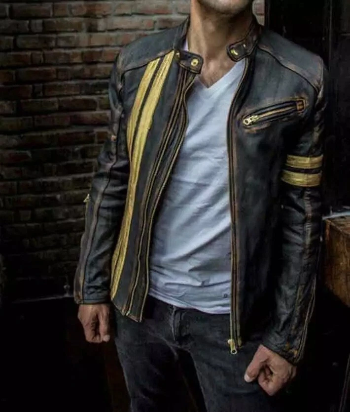 Men’s Motorcycle Biker Vintage Cafe Racer Distressed Black Real Leather Jacket