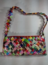 Handmade Bright and Colorful Upcycled Recycled Wrapper Woven Purse Shoulder Bag