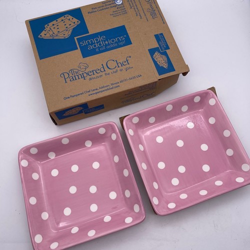 Pampered Chef Simple Additions Help Whip Cancer Pink Polka Dot Plates Set of 2 - Picture 2 of 8