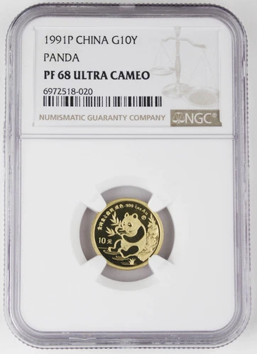 1991 P China 10 Yuan 1/10 oz 999 PROOF Gold Panda Coin NGC PF68 Ultra Cameo RARE