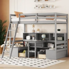 Solid Wood Loft Bed with Desk Storage Drawers Bookshelves Twin Size Bed Frames 