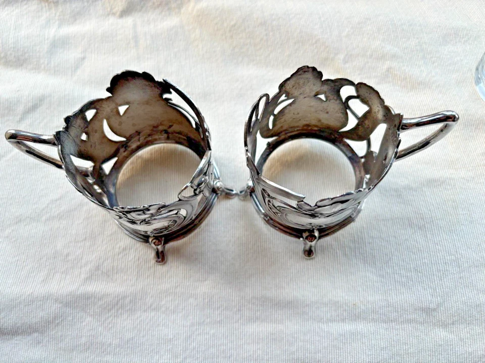 WMF 1910-1918 ART NOVEAU SILVER PLATE TEA GLASS HOLDER PAIR - Image 3 of 4