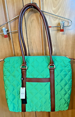 Talbots Quilted Shoulder Tote Bag Green, Brown Leather Trim Paisley Lined -- NWT