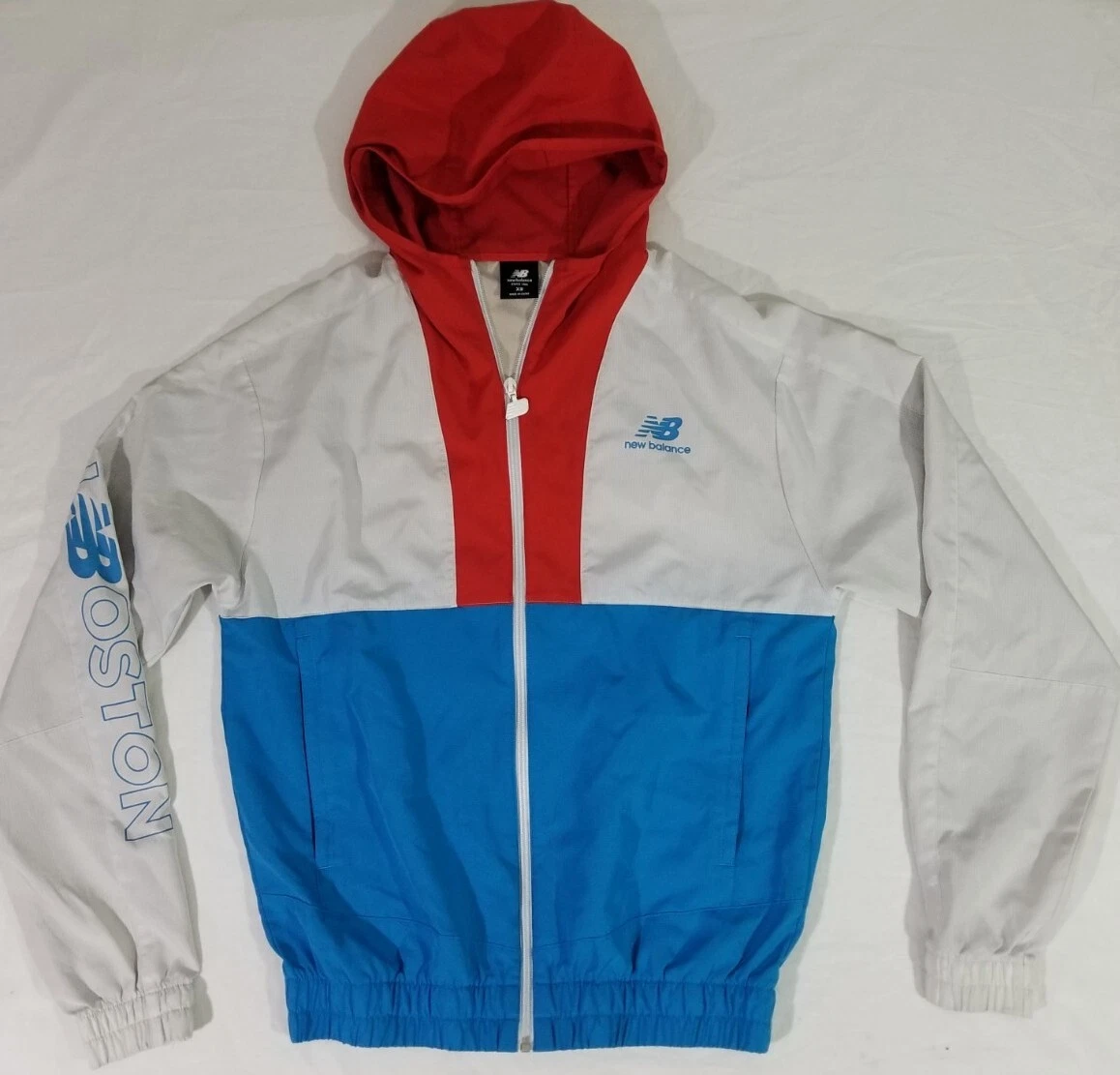 New Balance RUN BOSTON Red White Blue Full Zip Hood Windbreaker Jacket Adult XS