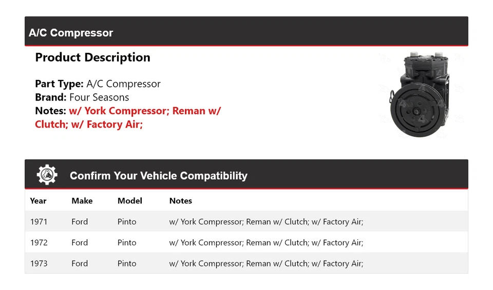 Компрессор кондиционера Ford Pinto 1971-1973 4 сезона 1972 - Изображение 2 из 4