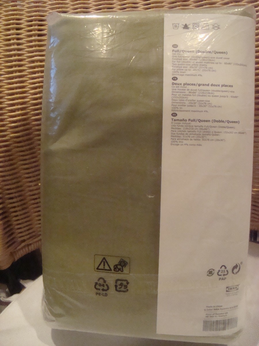 LINEN Quilt Cover and 2 Pillowcases Olive Green Ikea Puderviva