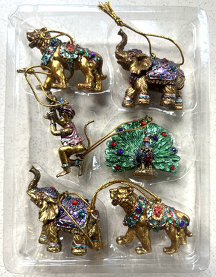Gisela Graham Set of 6 Christmas Ornaments Jeweled Monkey, Elephants & Tigers