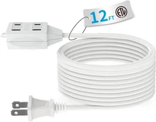 Indoor Extension Cord, 2 Prong 12 Feet Extension Cord, 3 Polarized Outlets with 