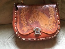 VTG Rare Hand-Tooled Genuine Handmade Leather Crossbody Purse Horse 60's-70's