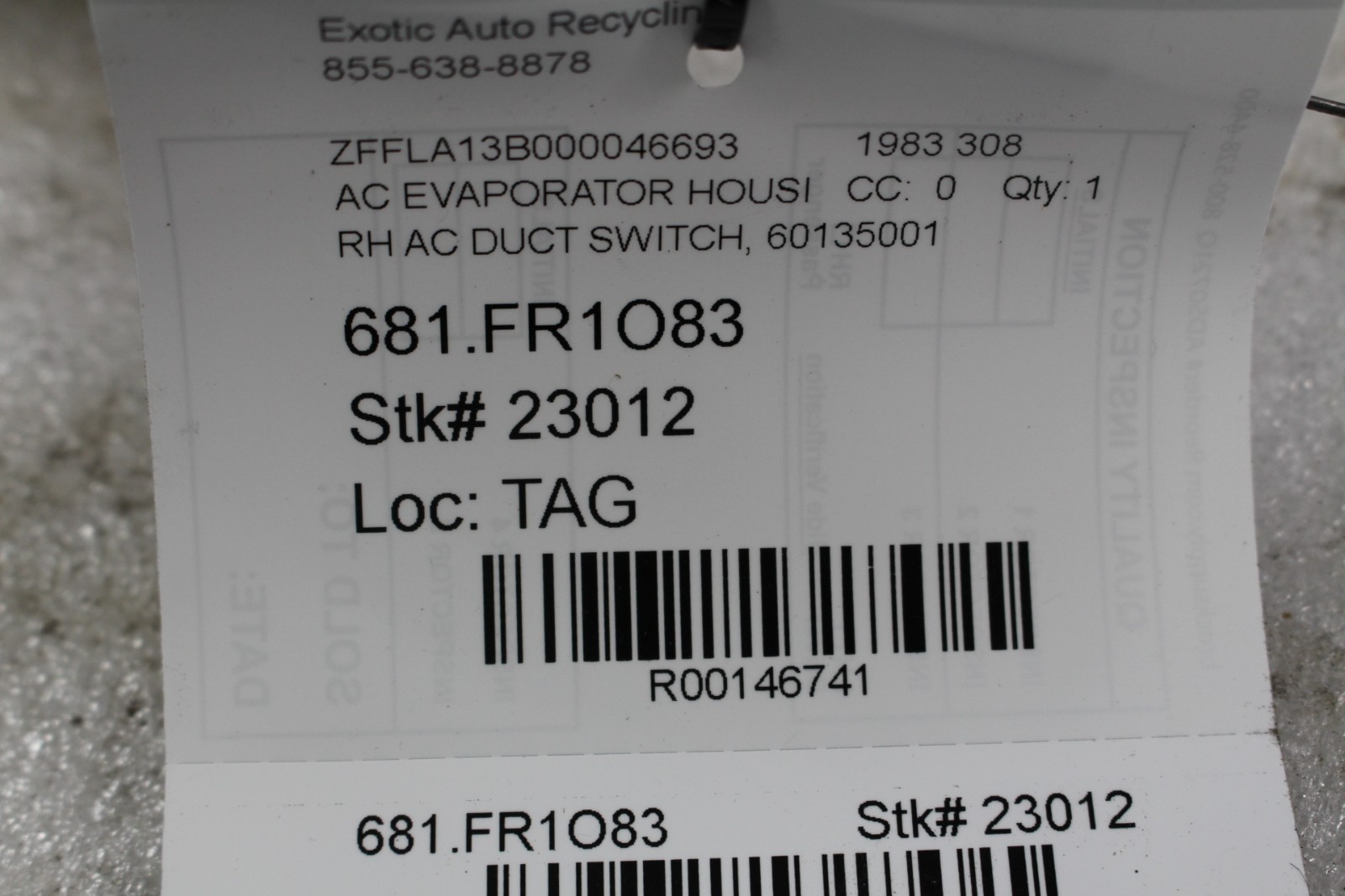 Ferrari 308, RH, Right, AC Duct Switch, Used, P/N 60135001