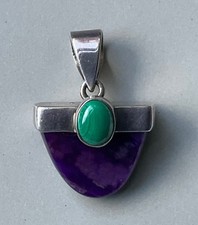 Sterling Sml Pendant Amethyst (Sobriety Wisdom Royaty)&Green Cabochon Signed HIS