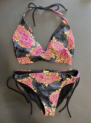 Paisley 2 Piece Swimsuit Bikini Triangle Padded Halter Women s Sz M EUC