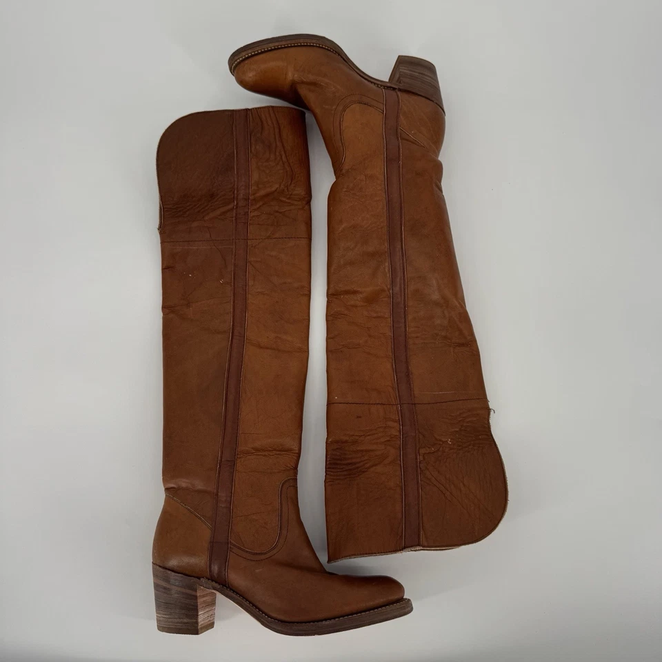 Botas Frye Vintage Alta Campus Cowgirl Couro Etiqueta Preta Sobre o Joelho Tamanho 8B - Imagem 2 de 4