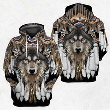 Wolf Spirit Hoodie 3D All Over Print,Tribal Feather Bead Art,Realistic Wolf Face