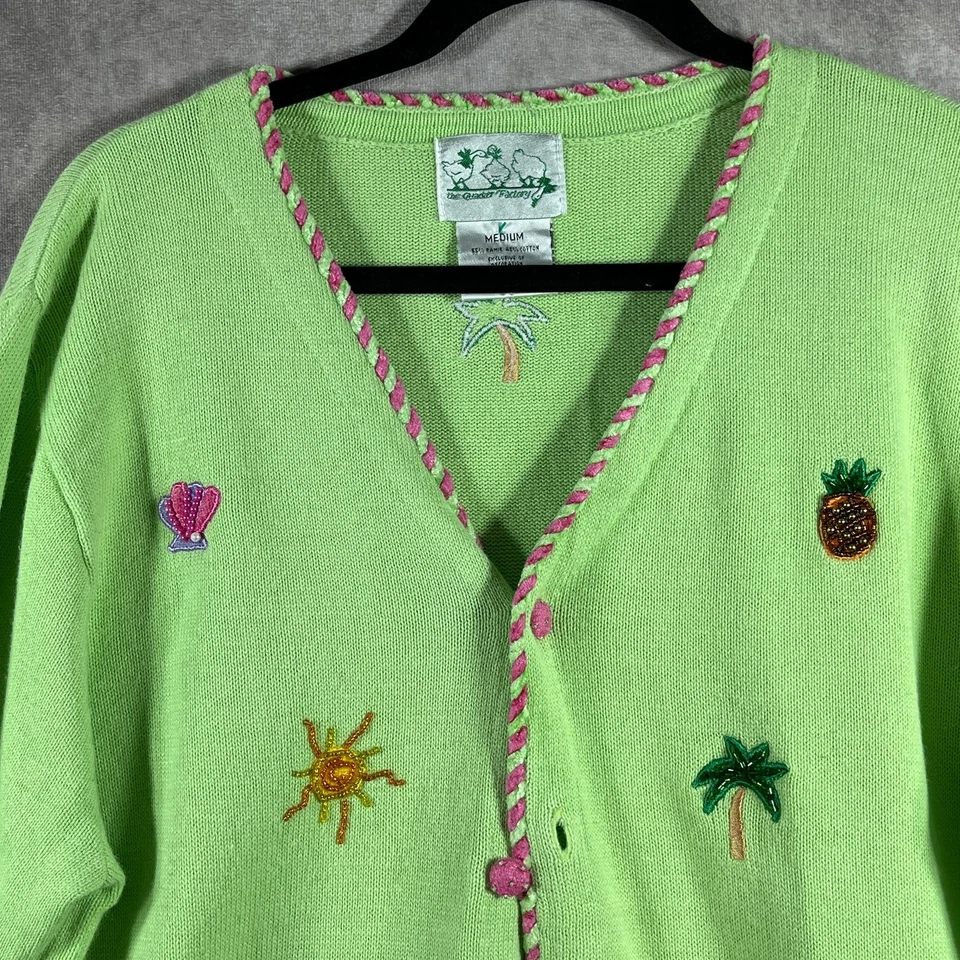 The Quacker Factory Cardigan Sweater Womens Medium Green Knit Flamingo Artsy - Image 2 of 4