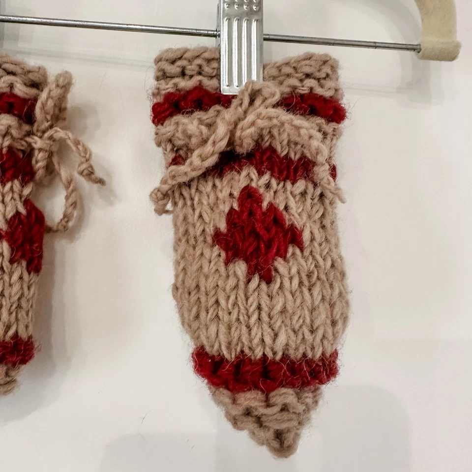 Knit Baby Booties 6-12 Mos Beige Burgundy Maple Leaf Lined Booties Handmade Wool - Image 3 of 4