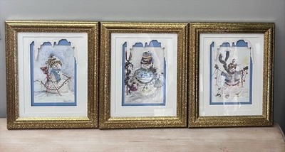 Peggy Abrams Snowman Framed Prints Set of 3 Christmas Glitter Icicle Gold Frame
