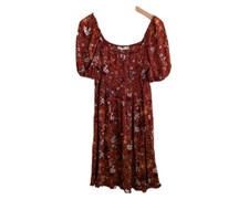 Live To Be Spoiled Cottagecore Dress Smocked Floral Women's L Rust Orange Boho 