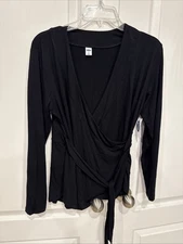 Old Navy  Wrap Front Tie Blouse Women's M Black Long Sleeve V-Neck NWT