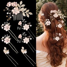 7 PCS Bridal Flower Wedding Hair Clips Crystal Pearl Hair Pins Headpiece Side...