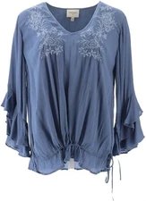 Haute Hippie Tribe 'Saidy' V-Neck Blouse Ruffle Slv Moonlight Blue M NWOT (750)