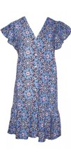 LOFT L Dress Medallion Button Front Flutter Sleeve Blue Mandala Flounce V Neck