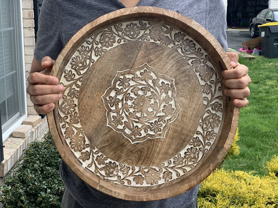 16 Inch Carved Rustic Round Tray Wood Serving Tray console tray Farmhouse Decor - Image 2 of 4