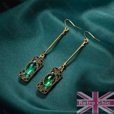 Vintage Style Art Deco Revival Emerald Green Glass Crystal Earrings Antique Gold