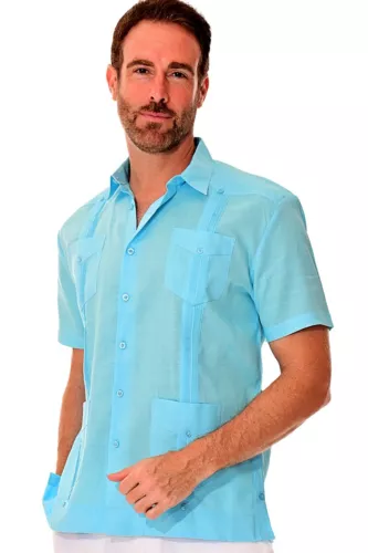 Bohio 100% Linen Guayabera Shirt for Men Aqua Cuban Traditional (4)-Pocket-LS499