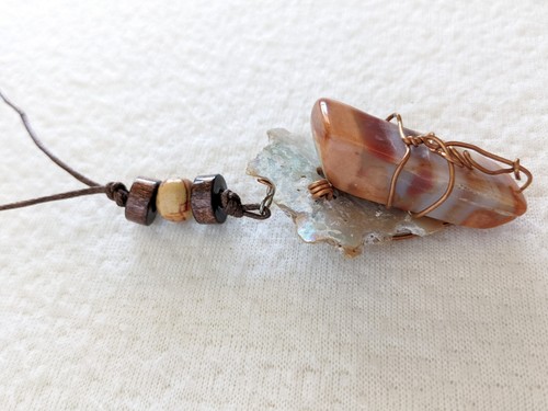 Artisan Petrified Wood Stone Mother of Pearl Shell Copper Wound Pendant Necklace - Picture 5 of 11