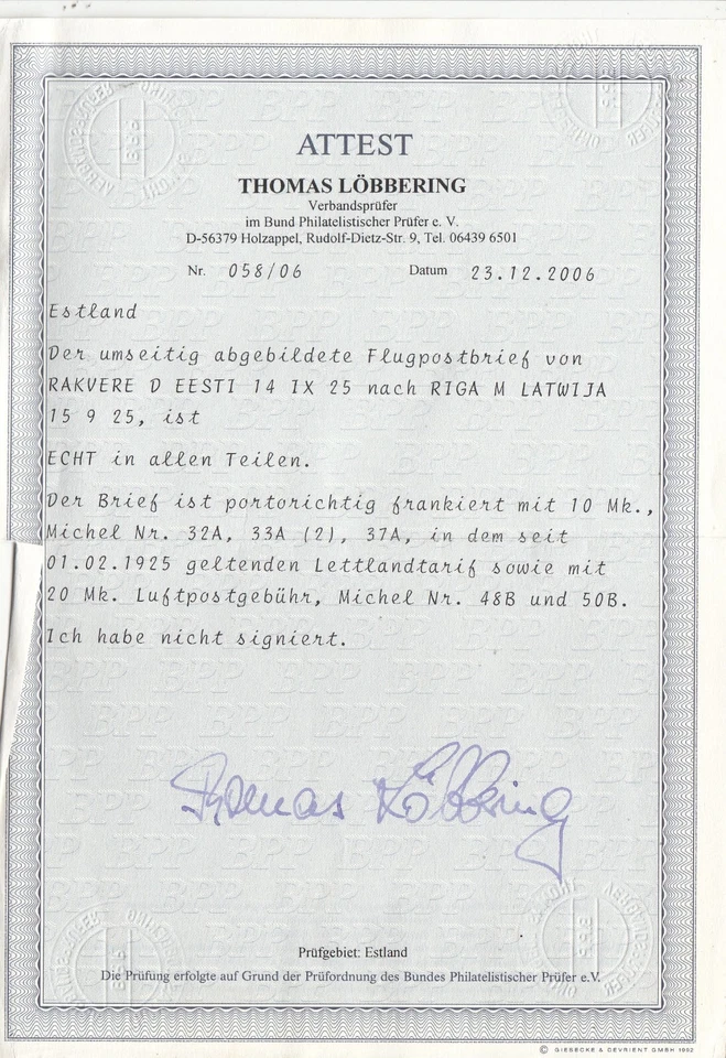 RS25666/ ESTONIA – MI # 32A + 33A (PAIR) + 37A + 48B + 50B ON COVER + CERTIF - Image 3 of 4