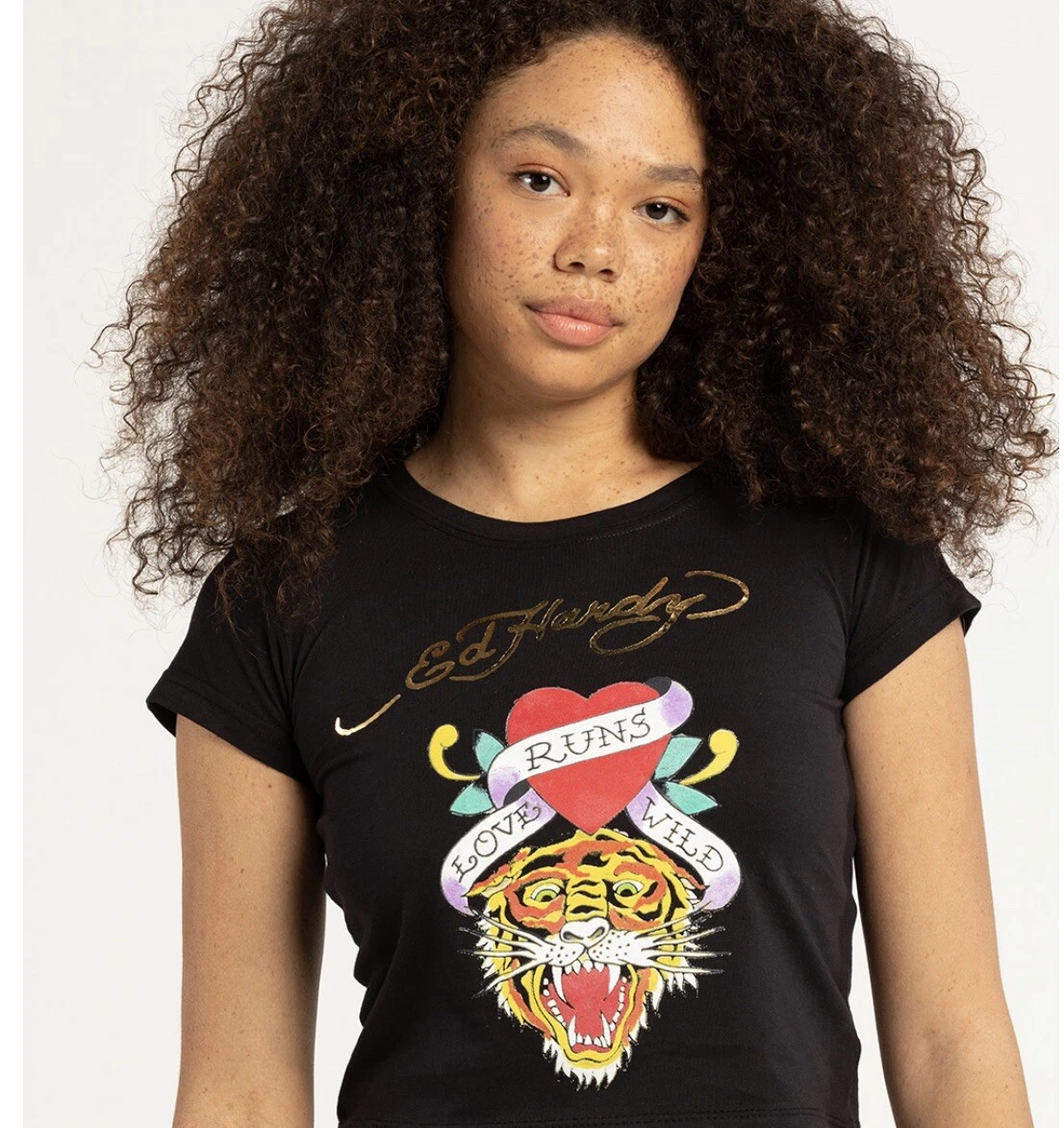 🐯new ED HARDY women t-shirt baby tee EHW1104-2 Heart Tiger black cotton L