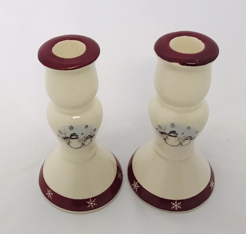 Set of 2 Candlestick Holders By Royal Seasons RN1 Stoneware Snowman - Picture 2 of 5