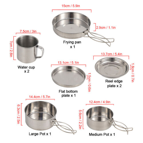 8pcs/Set Camping Cookware Mess Kit Stainless Steel Cooking Pot and Pan Set with - Picture 5 of 10