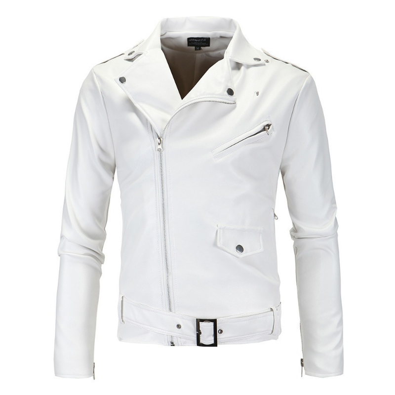 2023 Slim Fit PU Leather Jacket in White & Black with Lapel Zipper Design