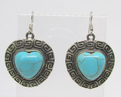 Vintage Turquoise Silver Tone Art Deco Heart Retro Costume Jewelry Earrings 44mm