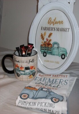 Fall Truck  Metal Decorated Tray Coffee Mug Blue Towel Truck Harvest Fresh made