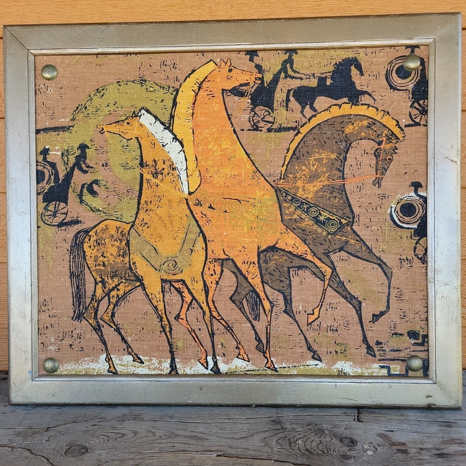 Linho etrusco MCM cavalos grego romano brutalista ouro marrom têxtil parede anos 60  - Imagem 2 de 4