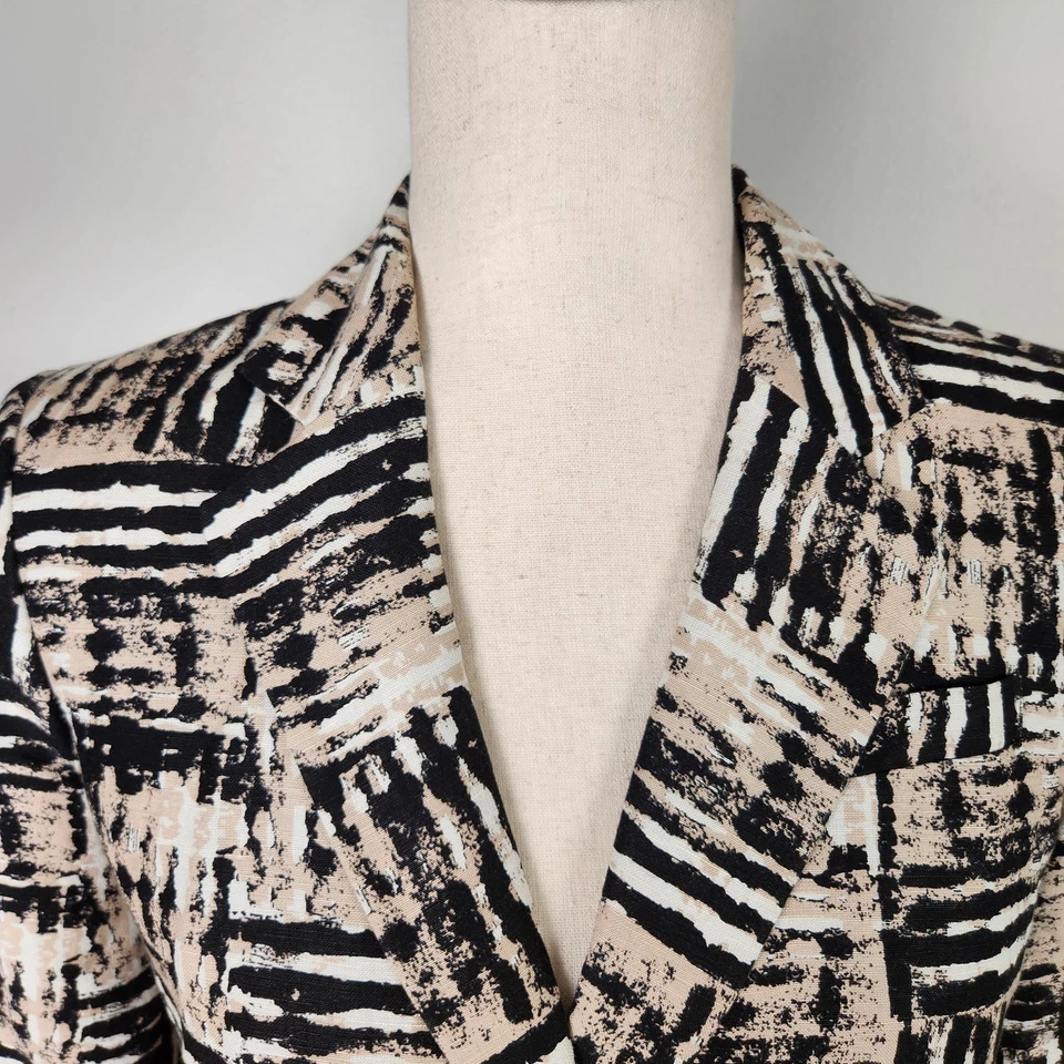全新无标签 Calvin Klein 黑色白色棕褐色印花亚麻混纺西装外套 (4) #0573 — 第 2/4 张图片
