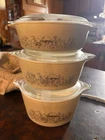 3 VTG Pyrex Forest Fancies Mushroom Covered Casserole Set w Lids  473B 474B 475B