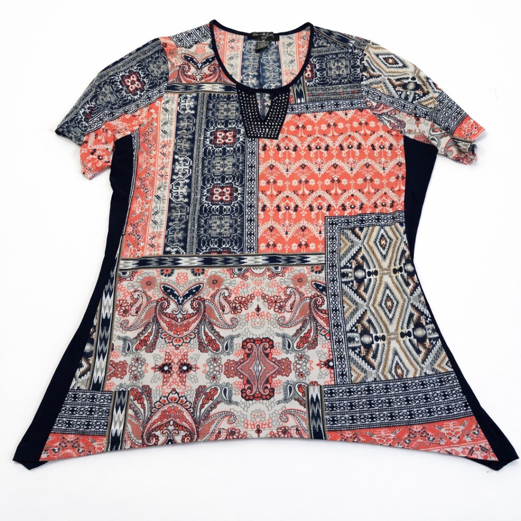 Eli McCartney Women 1X Tunic Top Boho Patchwork Print Studded Neck Stretch Plus