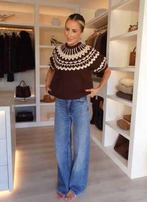 ZARA NEW WOMAN SHORT SLEEVE JACQUARD KNIT SWEATER BROWN ECRU S-XL