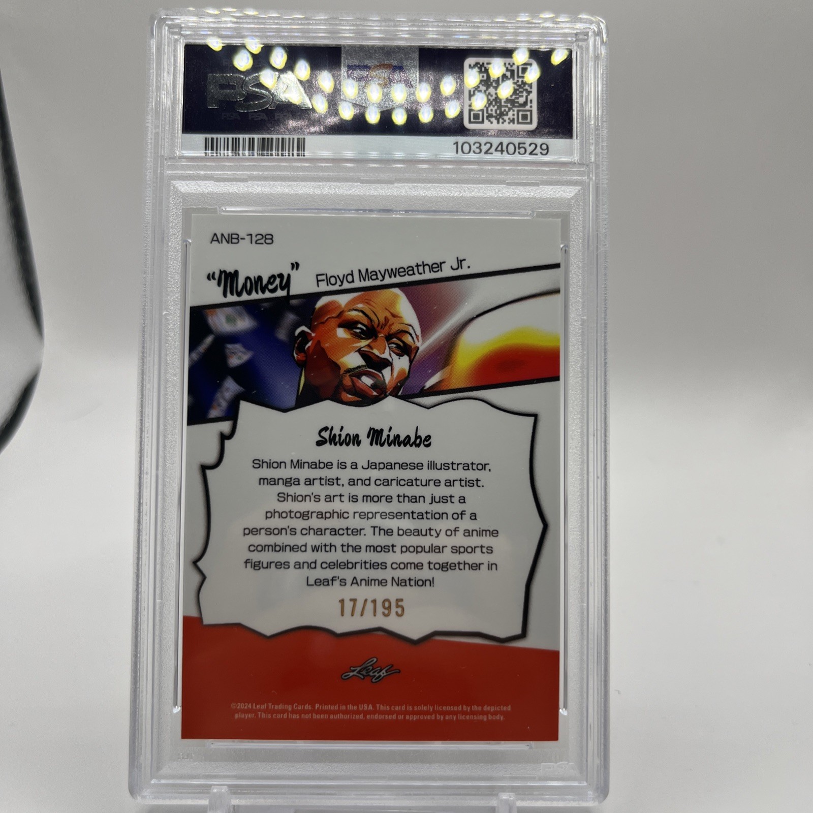 Floyd Mayweather Jr. #128 PSA 9 Numbered 17/195 2024 Leaf Anime Nation Boxing view 2