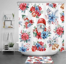 Blue Poinsettia Red Christmas Gnome Shower Curtain Bathroom Accessories Set