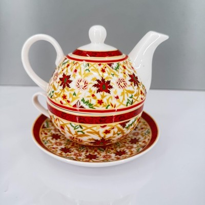 Stechcol Christmas Tea For One Set 4 Pc Teapot Cup Saucer Holiday Floral