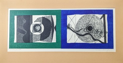 Franz Vornberger, Abstrakte Figur grün und blau, Linolschnitt, signiert, 1965