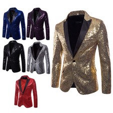 Men Glitter Blazer Disco Suit Jacket One Button Formal Prom Tuxedo Wedding Party