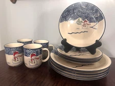 Thomson Pottery Skating Snowman 12 Pc Set 4 mugs 4 Salad and 4 Dinner Plates