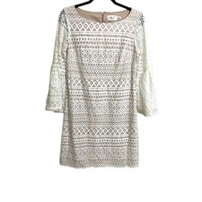 Eliza J Mini Dress Womens 6 White Nude Geometric Lace Bell Sleeve Sheath