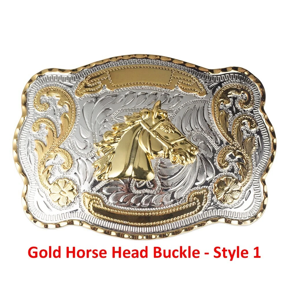 1-1/2" Big Gold Horse Head Western Belt Buckle - Style 1. 5-1/2"  x 3-7/8".